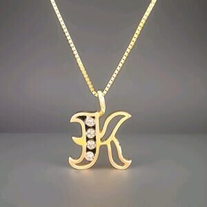 14kt Yellow Gold Initial Pendant Charm “K” With Diamonds 14mm & 18" Box Chain